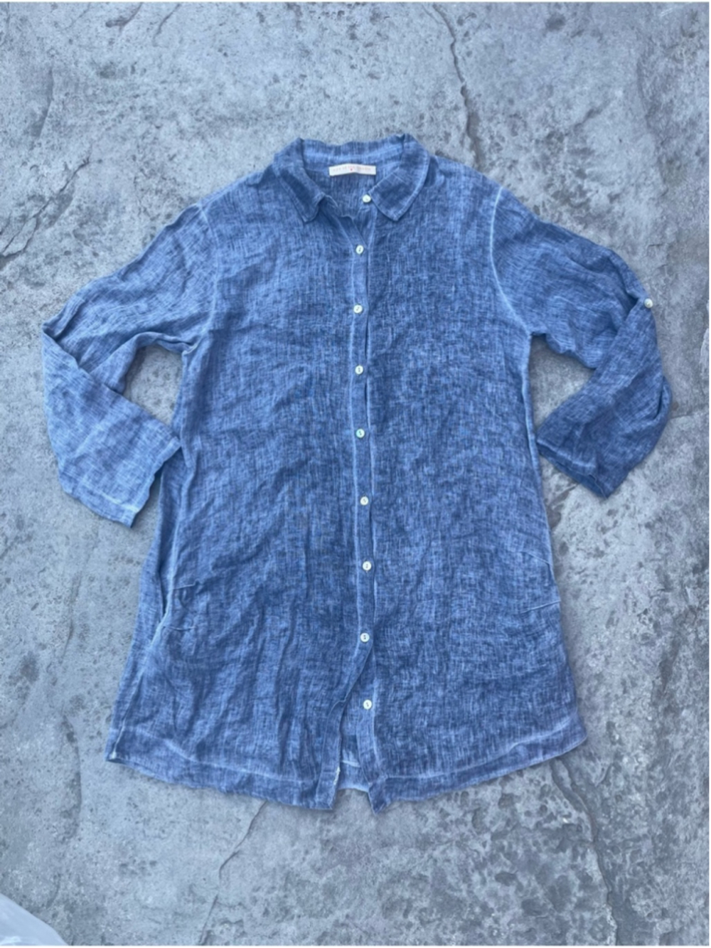 Eye of the Needle Blue Linen Button Front Tunic Shirt Dress Coastal Minimalist - Picture 5 of 8
